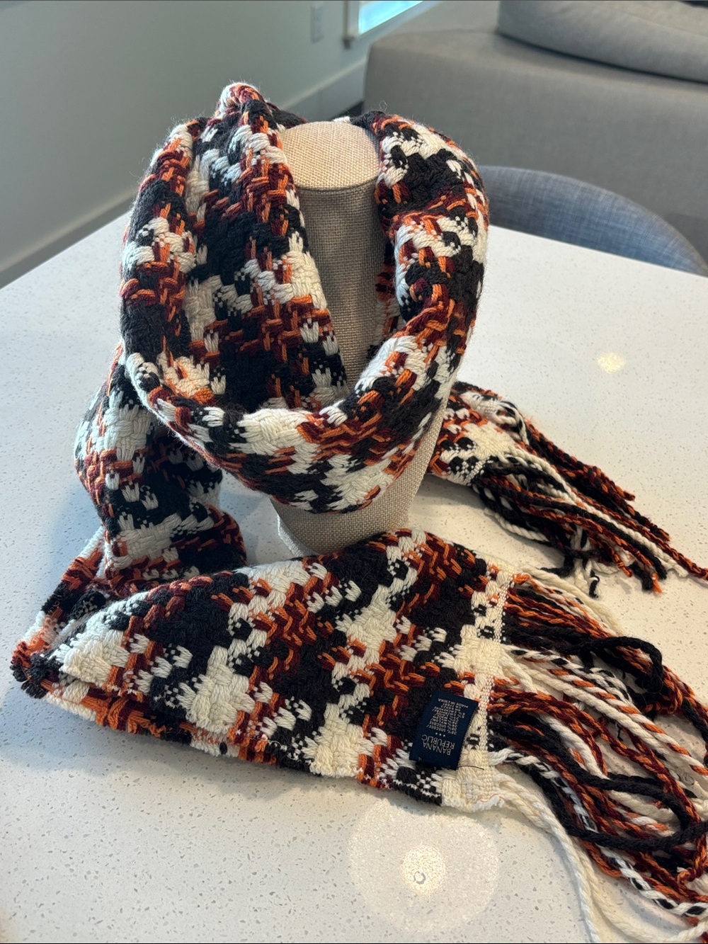Banana Republic Braided Fringed Plaid Scarf – Orange, Black & White Houndstooth